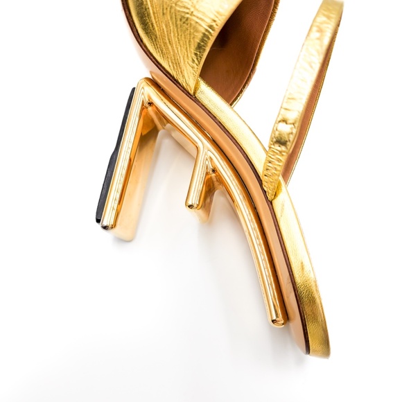 Fendi Gold Leather F Logo Slip-On Metal Heels Mules EU 37 - Picture 9 of 11